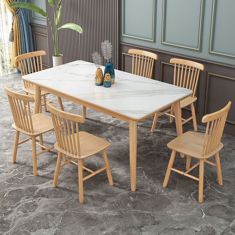Modern White Rectangle Stone Dining Table with Solid Wood Legs