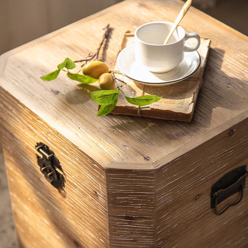 Solid Wood Drum Side Table Brown Side End Snack Table in Distressed Finish