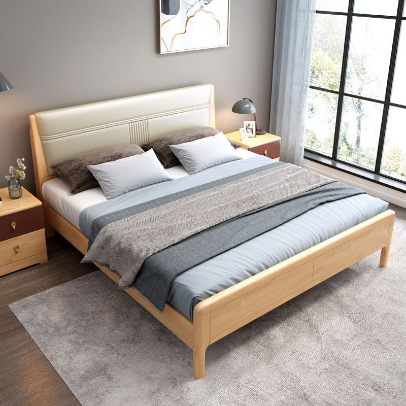 Natuurlijk eigentijds paneelbed hout en gestoffeerd standaard bedgeplaatste hoofdeinde