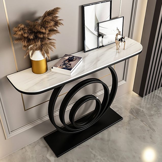 Stone Half Moon Console Table 31.5-inch Tall Accent Table with Shelf Clearhalo 'Console Tables' 'console_tables' 'Entry & Mudroom Furniture' 'furn' 'furn_console_tables' 'Furniture' 1200x1200_eff6a44c-795d-4dc2-ad50-acdea82e847a