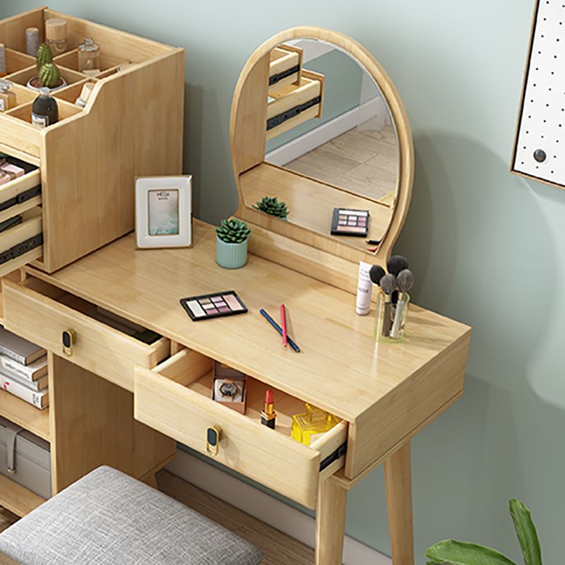 Set di vanità in gomma con sgabello e specchio scandinavo 4 cassetti