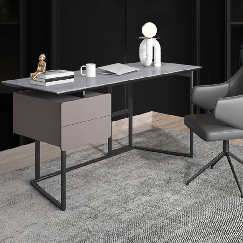 Escritorio de escritura gris rectangular escritorio de metal y piedra con 2 cajones