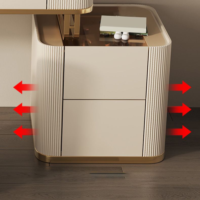 Tavolo da vanità in vetro minimalismo con specchio e sgabelli 5 cassetti beige tavolo da toeletta