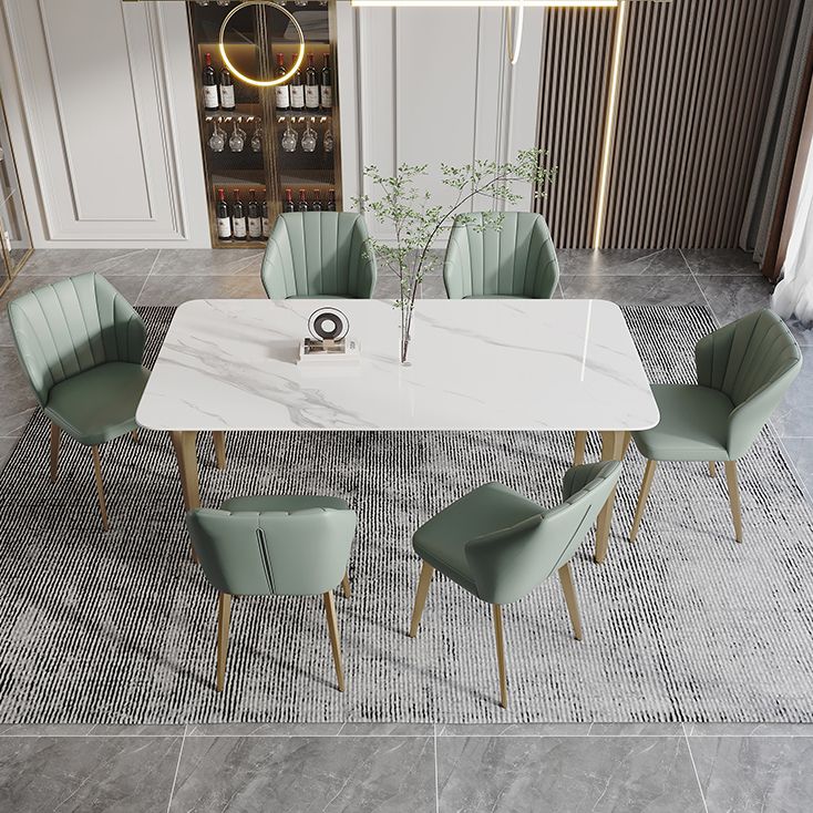 Modern Style Traditional Height Dining Set with Fixed Rectangle Shape Table and 4 Gold Legs Base Clearhalo 'Dining Room Sets' 'Dining Tables & Seating' 'dining_room_set' 'furn' 'furn_dining_room_set' 'Furniture' 'furniture_dining_room_set' 'Kitchen & Dining Furniture' 'kitchen&dining_furn' 'kitchen' 1200x1200_f058b58a-ba08-40d0-9112-c1d7b1a0e9da