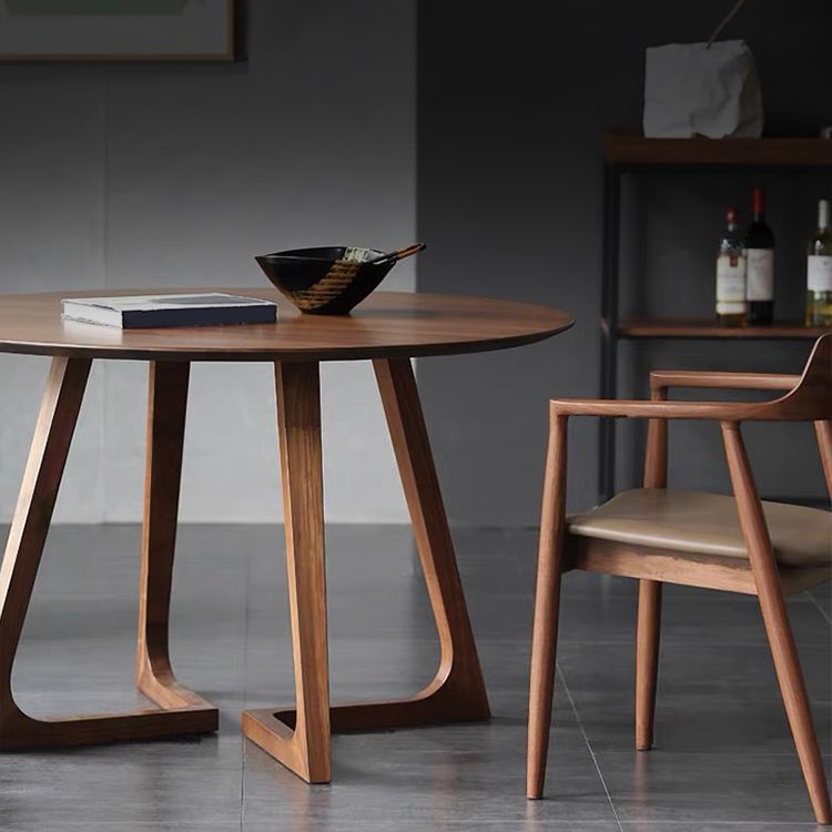 Modern Round Brown Rubberwood Dining Table with Double Pedestal Clearhalo 'Dining Tables & Seating' 'Dining Tables' 'dining_table' 'furn' 'furn_dining_table' 'Furniture' 'Kitchen & Dining Furniture' 1200x1200_f05c7634-cb5e-40d0-823b-fb73d08ed30e