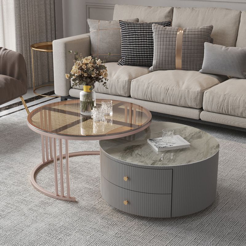 Modern Cocktail Table Round Glass / Slate Coffee Table with Storage Clearhalo 'Coffee & Accent Tables' 'Coffee Tables' 'coffee_tables' 'furn' 'furn_coffee_tables' 'Furniture' 'Living Room Furniture' 1200x1200_f0628be8-dcdb-4e88-bba8-79cb4947aeac
