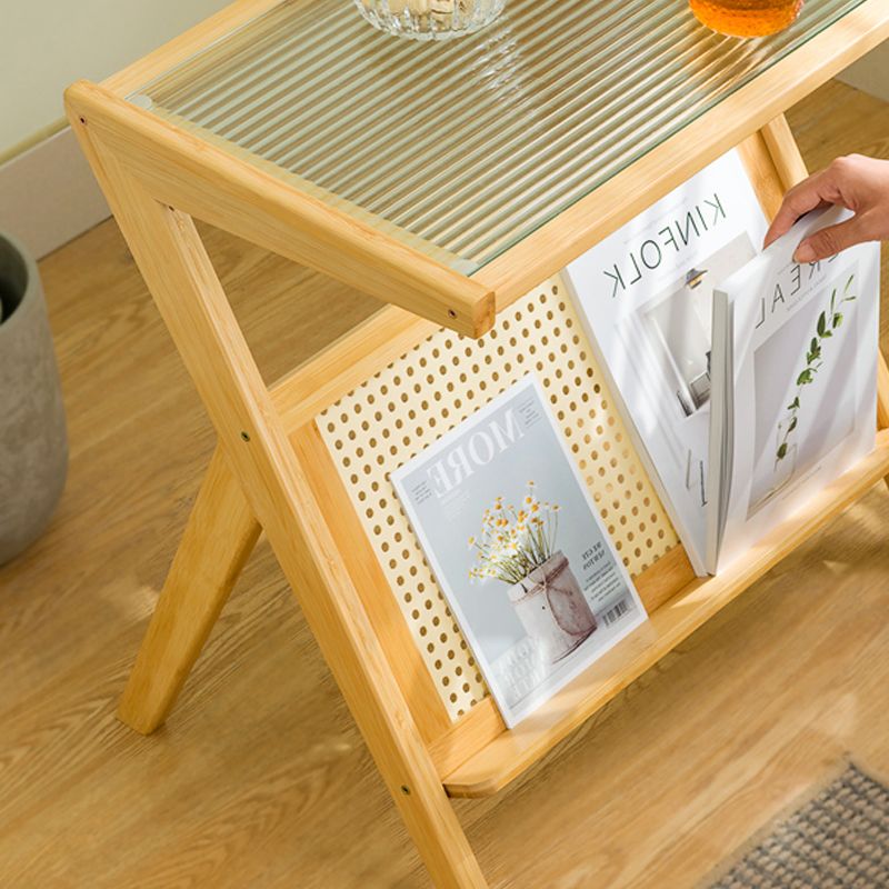 Contemporary Glass Top Accent Side Table for Living Room with Bamboo Base