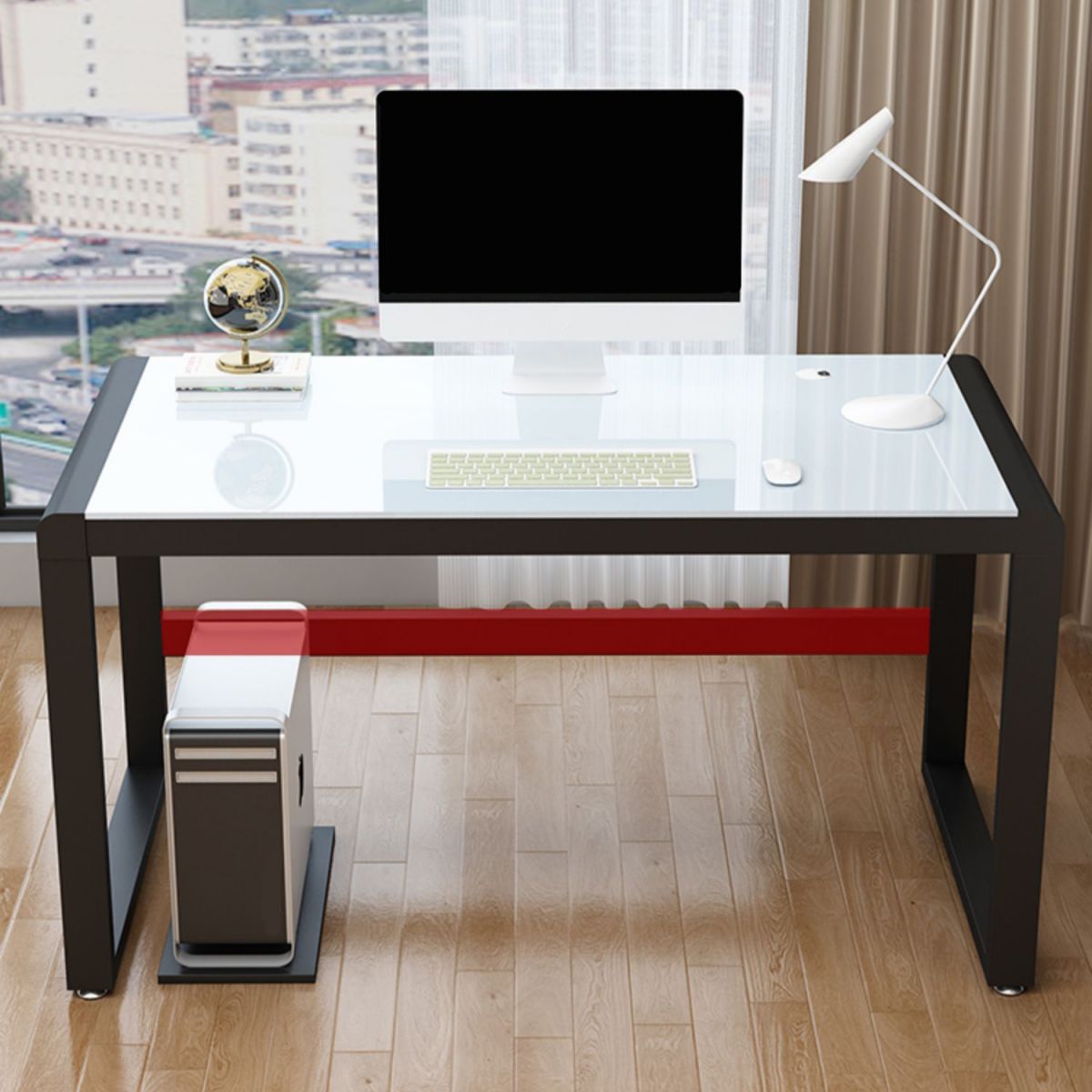 Glass Top Rectangular Gaming Desk Modern 29.53" Tall Computer Desk with Sled Base Clearhalo 'furn' 'furn_office_desk' 'Furniture' 'Office Desks' 'Office Furniture' 'office_desk' 1200x1200_f0790f4f-3caa-42d2-93cd-497b78b6b0af