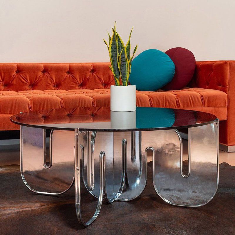 Round Glass Top Coffee Table with Cross Acrylic Base Cocktail Table Clearhalo 'Coffee & Accent Tables' 'Coffee Tables' 'coffee_tables' 'furn' 'furn_coffee_tables' 'Furniture' 'Living Room Furniture' 1200x1200_f088128f-d256-4a8f-a0b1-9a1ac6075ae1