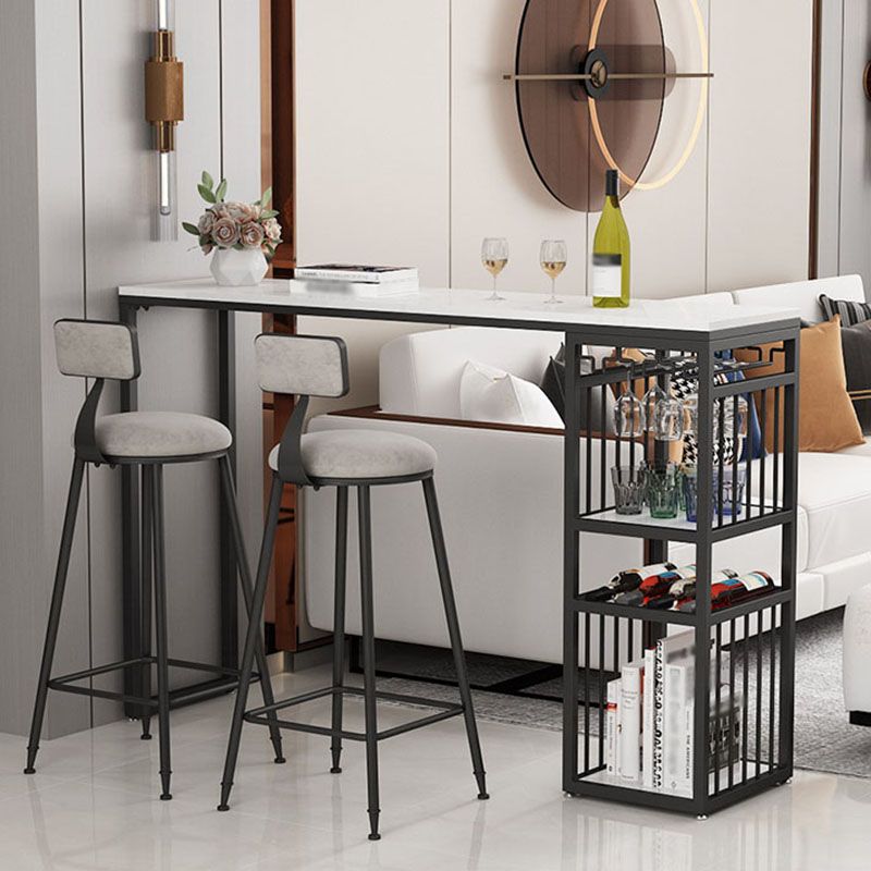 Glam Rectangle Faux Marble Bistro Table Gold Double Pedestal Bar Dining Table with 3-Shelf Clearhalo 'Bar Furniture' 'Bar Tables' 'bar_tables' 'furn' 'furn_bar_tables' 'Furniture' 'furniture_bar_tables' 'Kitchen & Dining Furniture' 'kitchen&dining_furn' 'kitchen' 1200x1200_f0af1eeb-595e-4732-80e0-53f26226a5bb