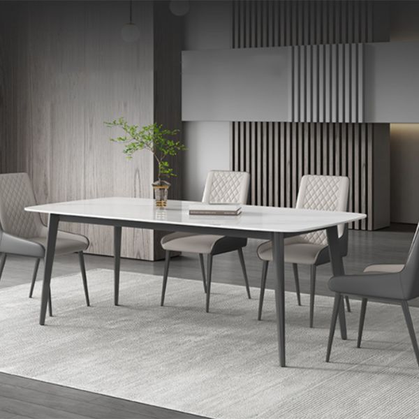 Contemporary White Rectangular Stone Dining Table with 4 Steel Foot Clearhalo 'Dining Tables & Seating' 'Dining Tables' 'dining_table' 'furn' 'furn_dining_table' 'Furniture' 'Kitchen & Dining Furniture' 1200x1200_f0af2082-a4ab-475b-a984-8d1b58a4c816