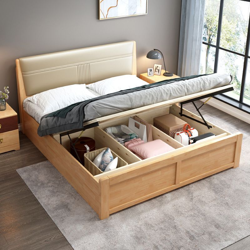 Natuurlijk eigentijds paneelbed hout en gestoffeerd standaard bedgeplaatste hoofdeinde