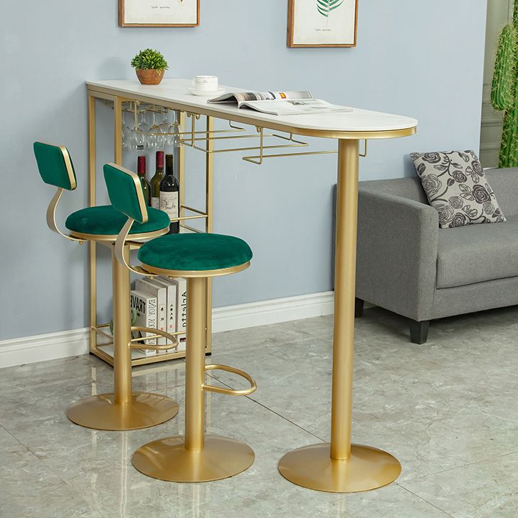 Glam White Stone Bar Dining Table Gold Iron Double Pedestal Bistro Table with Shelve Clearhalo 'Bar Furniture' 'Bar Tables' 'bar_tables' 'furn' 'furn_bar_tables' 'Furniture' 'furniture_bar_tables' 'Kitchen & Dining Furniture' 'kitchen&dining_furn' 'kitchen' 1200x1200_f0d6fcb8-d783-4392-94b7-b408eebe98b4
