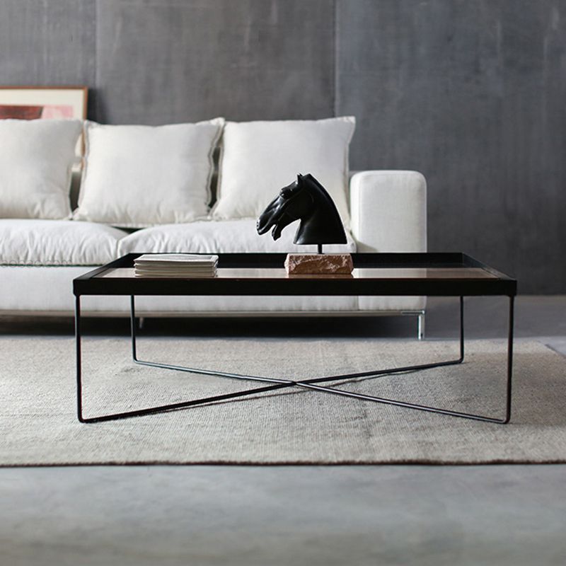Black Rectangle / Square Tray Top Coffee Table Iron Cross Legs Cocktail Table