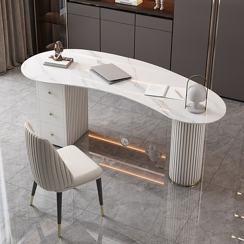 Unconventional Shape Office Desk Pedestal Glam Writing Desk in White Clearhalo 'furn' 'furn_office_desk' 'Furniture' 'Office Desks' 'Office Furniture' 'office_desk' 1200x1200_f0f599fc-e189-494f-b8be-6c950cd68060