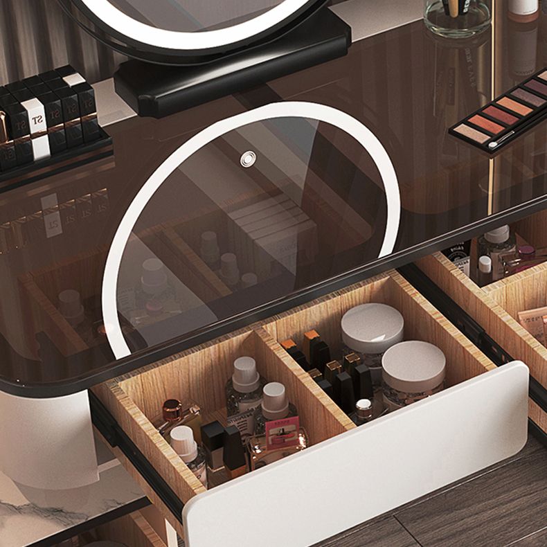 Tavolo da toeletta in legno per trucco top in vetro con cassetti di stoccaggio