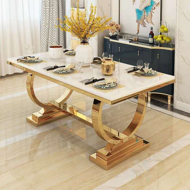 Marble Top Traditional Luxury Table Rectangle Dining Table with Trestle Base Clearhalo 'Dining Tables & Seating' 'Dining Tables' 'dining_table' 'furn' 'furn_dining_table' 'Furniture' 'Kitchen & Dining Furniture' 1200x1200_f11ff3e3-44a1-4d34-bf93-817f4d16984a