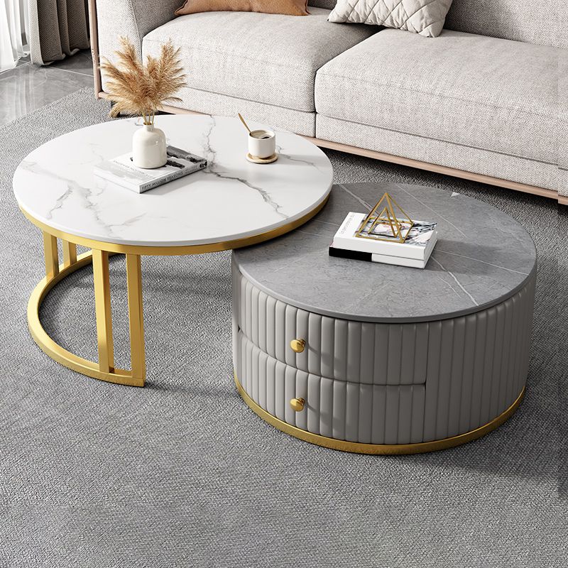 Mesa de centro moderna para cóctel, mesa de centro redonda de cristal/pizarra con 2 cajones