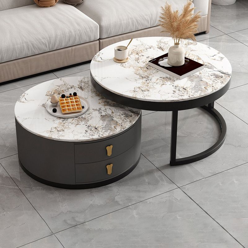 Modern Round Glass Cocktail Table Set Iron Frame Coffee Table with Drawers Clearhalo 'Coffee & Accent Tables' 'Coffee Tables' 'coffee_tables' 'furn' 'furn_coffee_tables' 'Furniture' 'Living Room Furniture' 1200x1200_f1421e03-201d-4001-9926-be3b39e9f8df