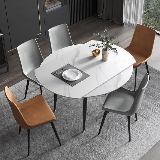 Modern Sintered Stone Dinner Table 51.18" Round Drop-Leaf Table with Black Frame