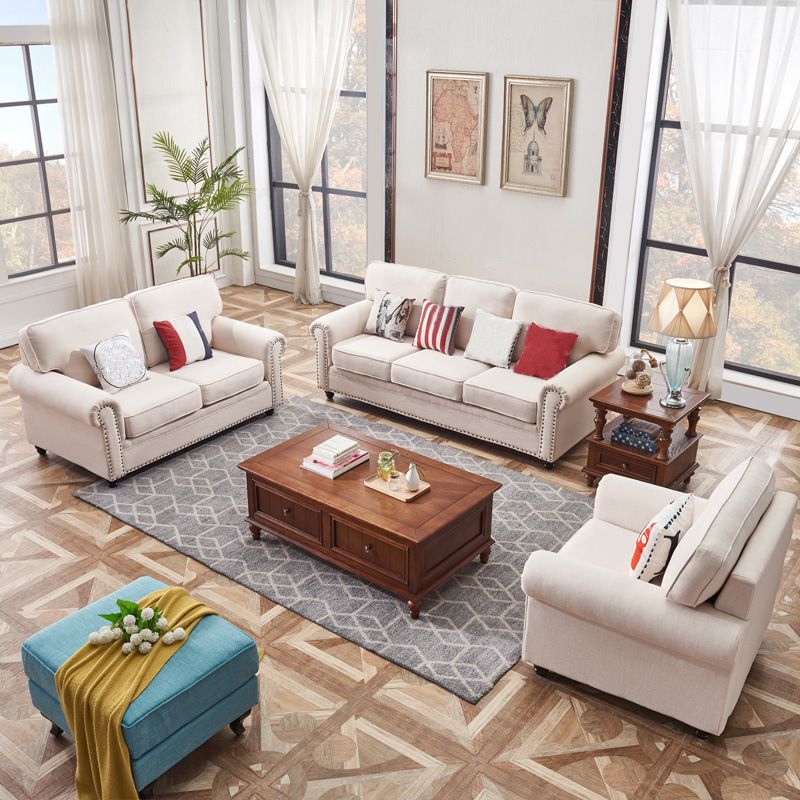 Traditional Biege Pillow Back Couch Rolled Arm Sofa with Nailhead Trim Clearhalo 'furn' 'furn_sofas' 'Furniture' 'furniture_sofas' 'Living Room Furniture' 'Sofa' 'sofas' 1200x1200_f152f1c0-4cf5-42a0-9d01-afd47f568964