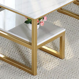 Glam Rectangle Marble Top Table with 2 Storag Shelves and Iron Base