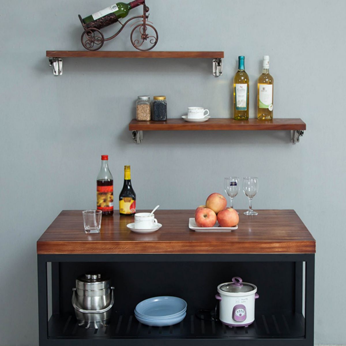 Industrial Stationary Kitchen Island table Wood Rectangular Kitchen Island table