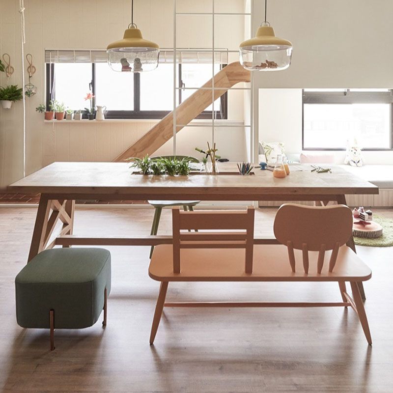 Wooden Trestle Base Dining Table Mid-Century Rectangle Kitchen Desk