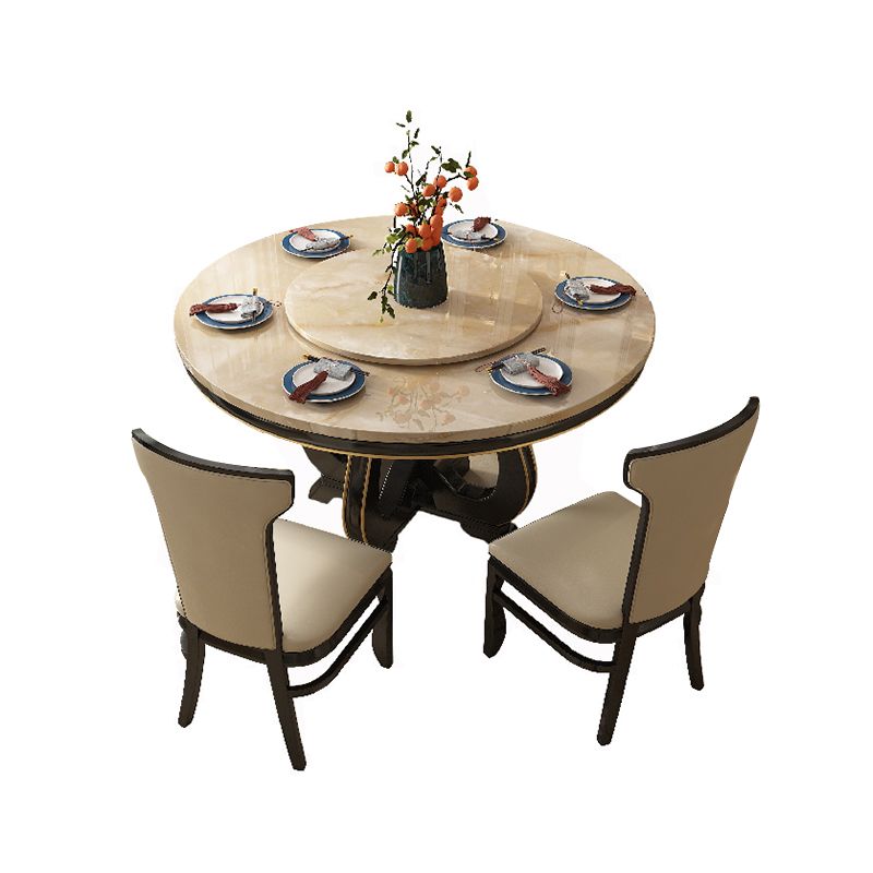 Eetkamertafel van imitatiemarmer, ronde eettafel met bruine basis voor de keuken