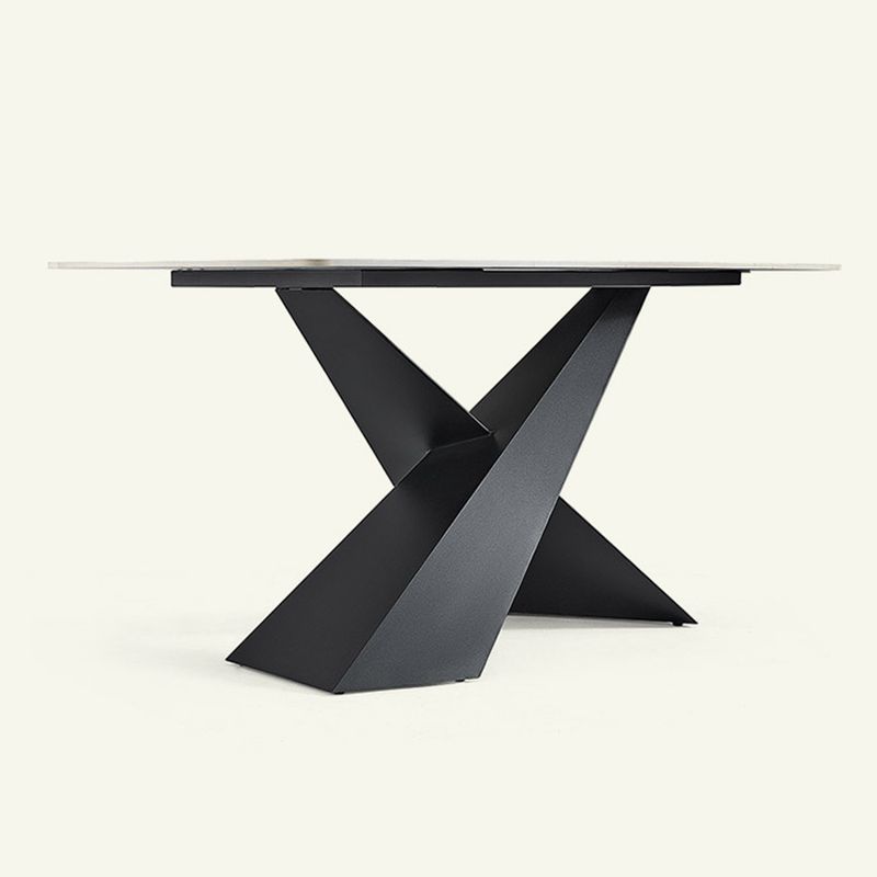 Contemporary White Rectangular Stone Dining Table with Steel X-Base