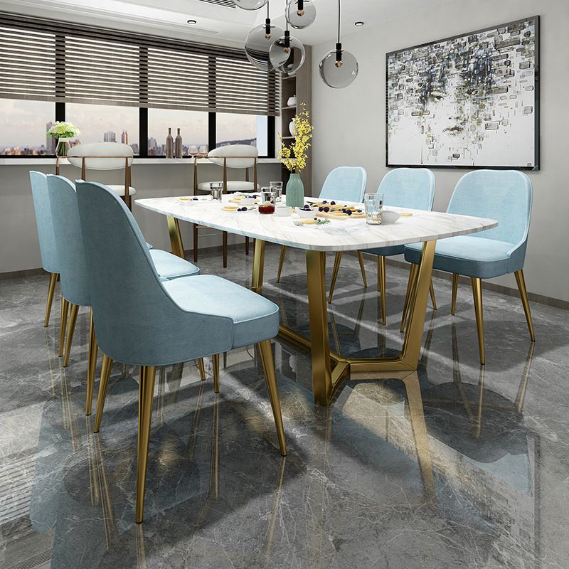Rectangle White Sintered Stone Top Table Trestle Base Dining Table, Metal in Gold Clearhalo ' dining_table' 'Dining Tables & Seating' 'Dining Tables' 'furn' 'furn_dining_table' 'Furniture' 'furniture_dining_table' 'Kitchen & Dining Furniture' 'kitchen&dining_furn' 'kitchen' 'kitchen_dining_table' 1200x1200_f1a46e11-fbe4-4012-8d92-ecb5c7e15859