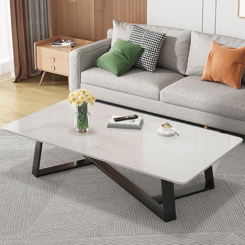 Modern Rectangle Coffee or End Table Stone and Steel Coffee Table with Cross Legs