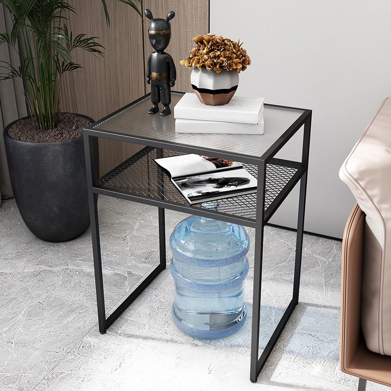 Modern Rectangular Glass Top Side Table Iron Frame End Table with Shelf