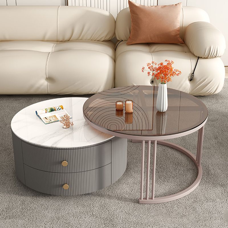 Metal Anb Glass Coffee Table Set Round Nesting Coffee Table Set with 2 Drawers Clearhalo 'Coffee & Accent Tables' 'Coffee Tables' 'coffee_tables' 'furn' 'furn_coffee_tables' 'Furniture' 'Living Room Furniture' 1200x1200_f23827c9-3c3c-4a6b-b787-e8046d026c48