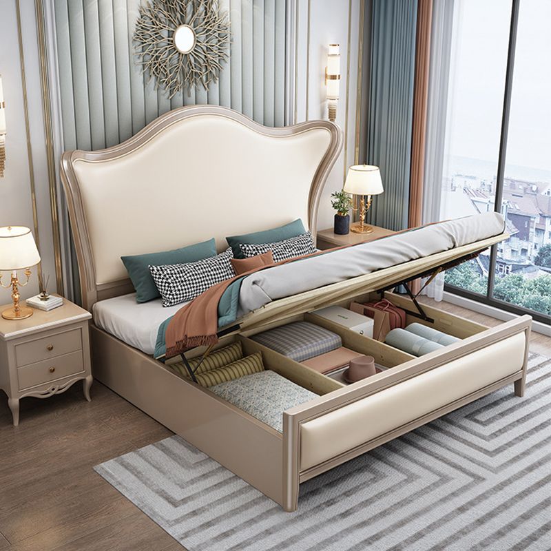 84,65 inch breed Victoriaans wingback bed rubberwood bed met gestoffeerd hoofdeinde