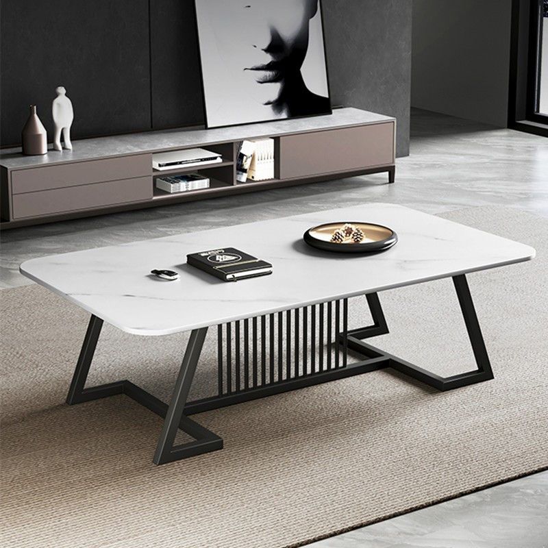 Rectangle Stone Top Coffee Table with Black Metal Trestle Base Clearhalo 'Coffee & Accent Tables' 'Coffee Tables' 'coffee_tables' 'furn' 'furn_coffee_tables' 'Furniture' 'Living Room Furniture' 1200x1200_f270bf02-d318-4be8-abb5-275edaf94375