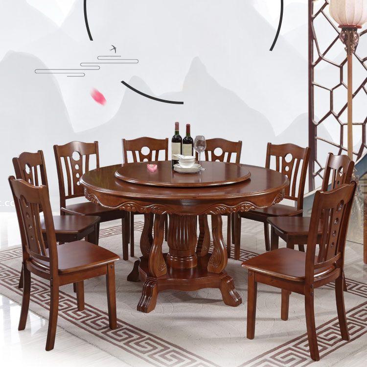 Brown Wood Dining Table for Home Rubberwood Dinette Table with Pedestal
