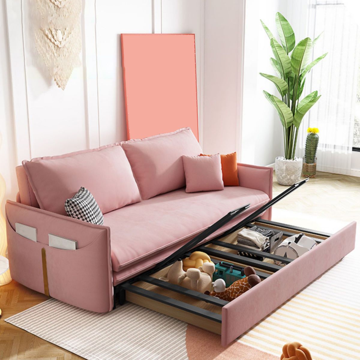 Pink Pillow Back Loveseat Foldable Sleeper Sofa with Storage