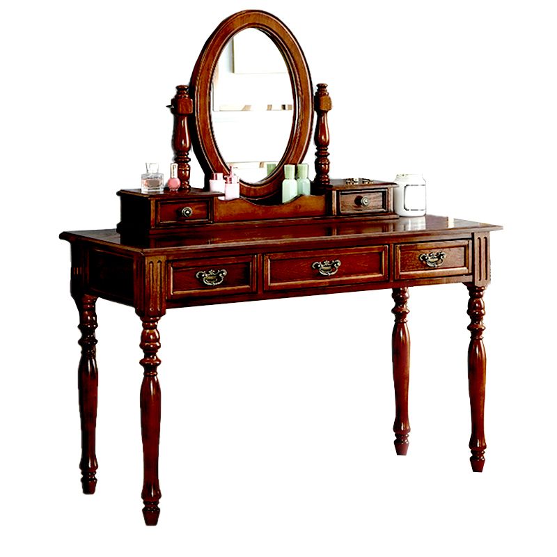 Traditional Solid Wood Vanity Dressing Table With Drawer, Brown Makeup Counter