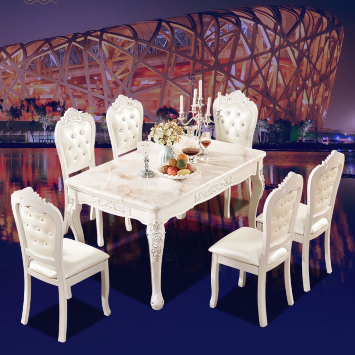 Victorian Style Marble Dining Set with White Rectangle Shape Table and 4 Legs Base for Home Use Clearhalo 'Dining Room Sets' 'Dining Tables & Seating' 'dining_room_set' 'furn' 'furn_dining_room_set' 'Furniture' 'furniture_dining_room_set' 'Kitchen & Dining Furniture' 'kitchen&dining_furn' 'kitchen' 1200x1200_f2d9edbe-cf61-4622-9a47-637b80ef56fe