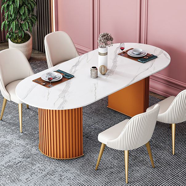 Oval Double Pedestal Dining Table Stone Furniture for Dining Room Home Clearhalo ' dining_table' 'Dining Tables & Seating' 'Dining Tables' 'Furniture' 'furniture_dining_table' 'Kitchen & Dining Furniture' 'kitchen&dining_furn' 'kitchen' 'kitchen_dining_table' 1200x1200_f2ecc654-ed14-4938-8127-51037e472d69