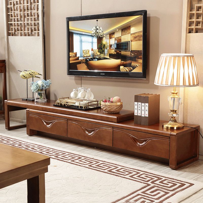 Soporte tradicional para TV, consola de soporte para TV de madera de caucho con cajones