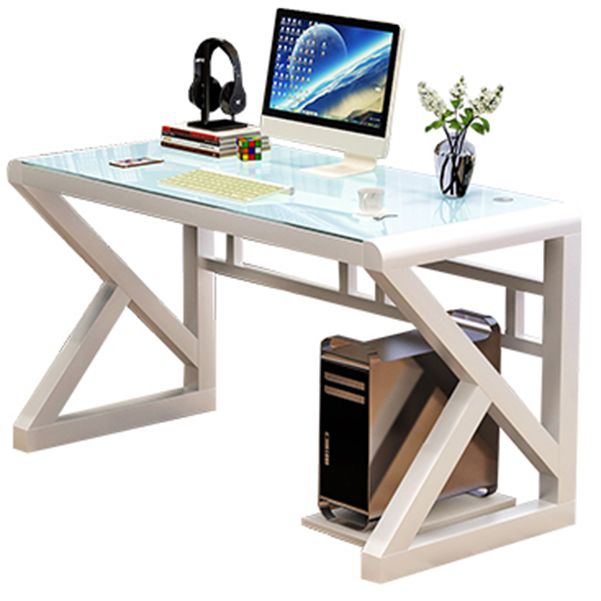 Contemporary Rectangular Computer Desk Toughened Glass Desktop Trestle Base Desk Clearhalo 'furn' 'furn_office_desk' 'Furniture' 'furniture_office_desk' 'Office Desks' 'Office Furniture' 'office_desk' 1200x1200_f2fd3547-7a35-4cd6-b1d0-ff72e47612db
