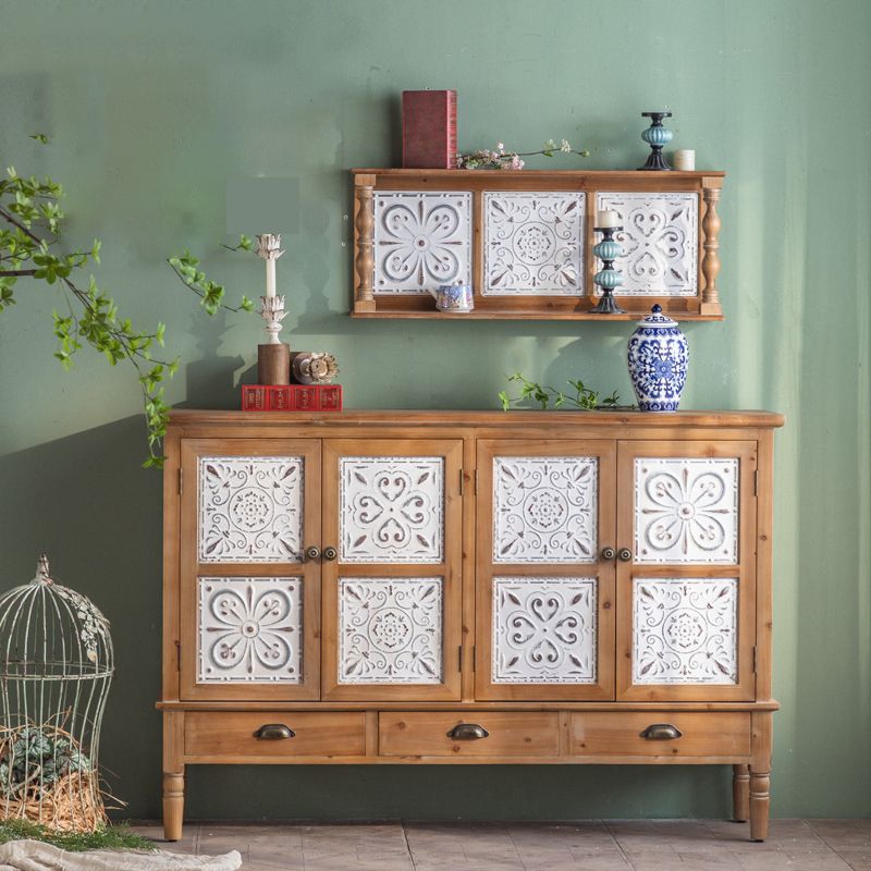 Armoire à accent industriel en nature naturelle avec une porte et des tiroirs en bois massif