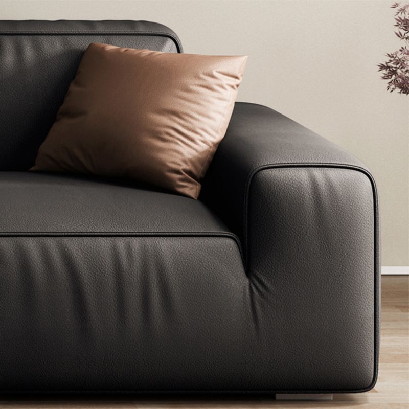 Industrial Black Genuine Leather Cushions Square Arm Living Room Settee