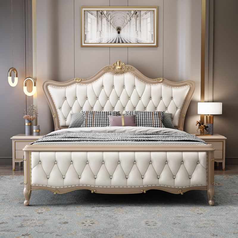 84.65 inch Wide Glam Bed Frame Rubberwood Solid Color Standard Bed with Headboard