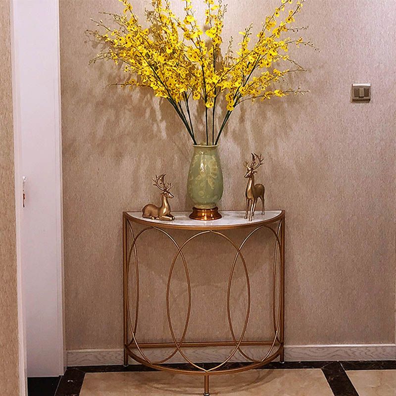 Modern Half Moon Console Table Stone Console Sofa Table in Gold and White Clearhalo 'Console Tables' 'console_tables' 'Entry & Mudroom Furniture' 'furn' 'furn_console_tables' 'Furniture' 1200x1200_f337949d-aac5-47eb-b254-0559dfa2a155
