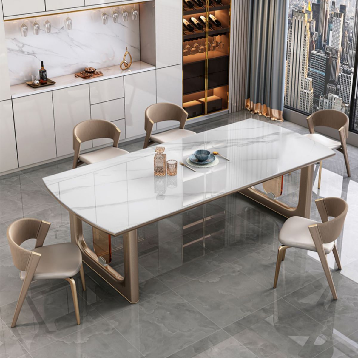 Hochglänzender weißer Stein -Esstisch Set für das Haus 02.01.5.