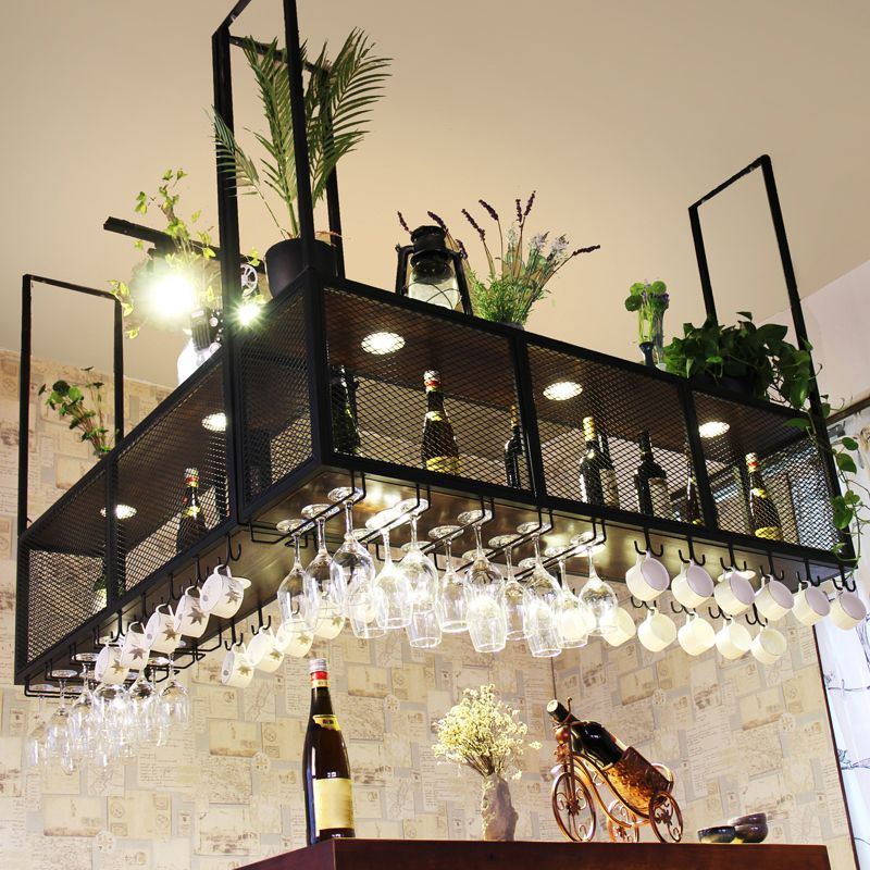 Black Metal Hanging Wine Holder with Glass Holder & Storage Shelf Clearhalo 'furn' 'furn_wine_racks' 'Furniture' 'Kitchen & Dining Furniture' 'Wine Racks' 'wine_racks' 1200x1200_f36884b9-9421-435a-a4b2-d27b3071df17