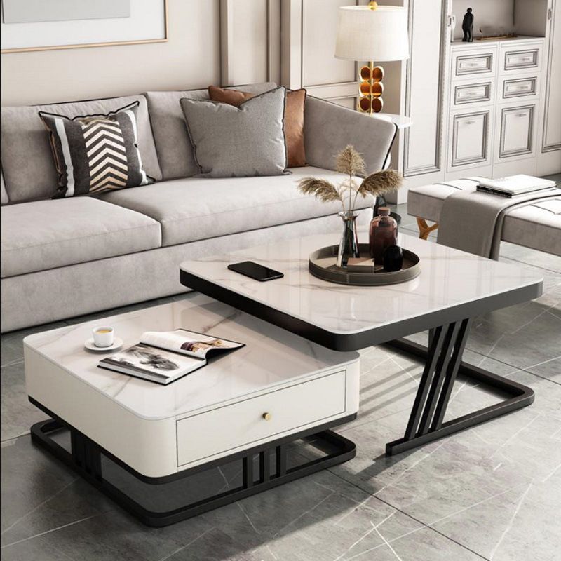 Modern Round Glass / Slate Cocktail Table Steel Frame Coffee Table with Drawer